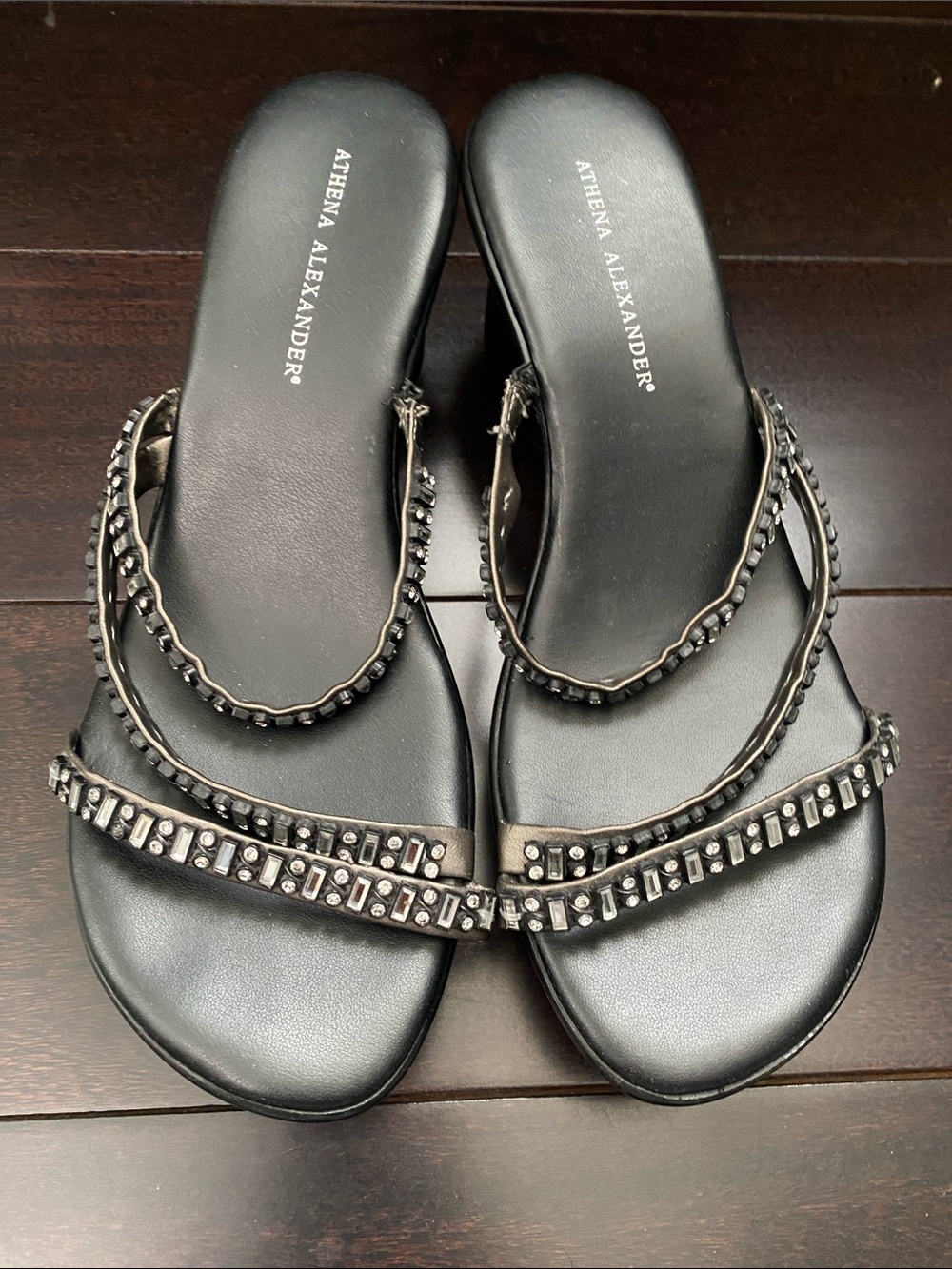 Athena Alexander Black Rhinestone Studded Double-Strap Slide Sandals